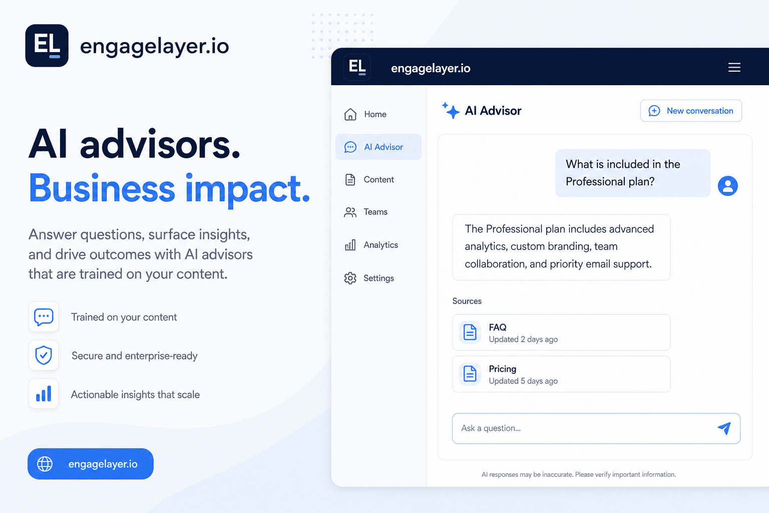 engagelayer.io AI website assistant embedded on a B2B marketing site